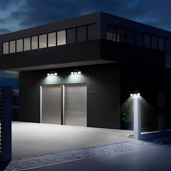 Lampa LED solara de exterior cu senzori de amurg, miscare si lumina, 3 capete reglabile, 74 x LED-uri, 3 niveluri de intensitate, ABS 3 3 Sided Solar Lamp Gallery Img5 1