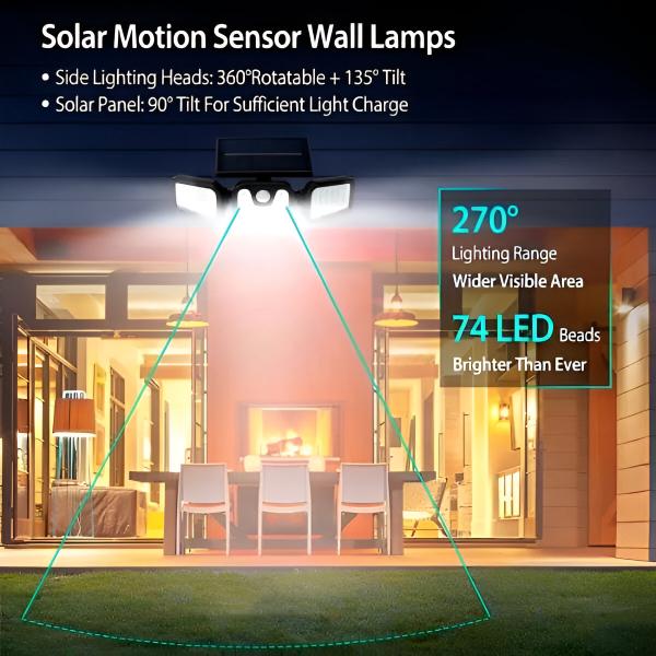 Lampa LED solara de exterior cu senzori de amurg, miscare si lumina, 3 capete reglabile, 74 x LED-uri, 3 niveluri de intensitate, ABS 1 3 Sided Solar Lamp Gallery Img6 1