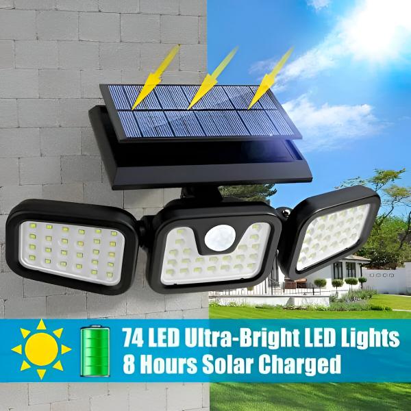 Lampa LED solara de exterior cu senzori de amurg, miscare si lumina, 3 capete reglabile, 74 x LED-uri, 3 niveluri de intensitate, ABS 2 3 Sided Solar Lamp Main Image 1